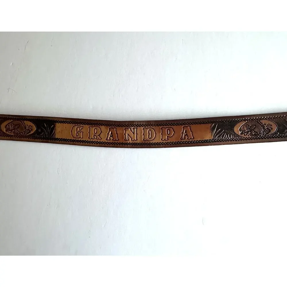 Grandpa Fishing Belt Mens Size 40 Brown Tooled Cowhide Leather Fish